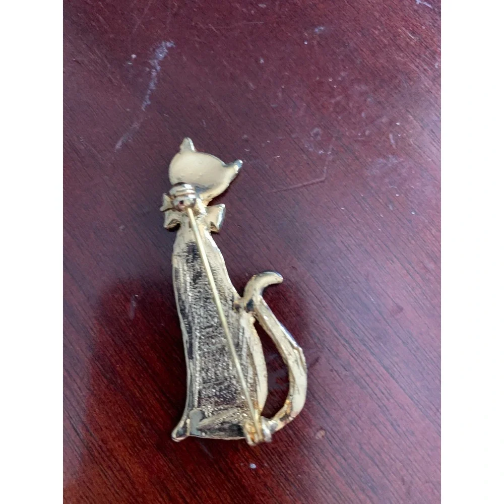 Vintage Gold Tone Black Cat Brooch‎ Pin Rhinestone Bow Tie.